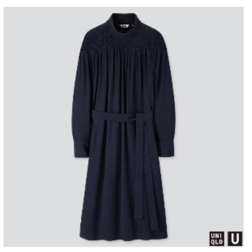 Uniqlo navy mock neck shirring dress, L
